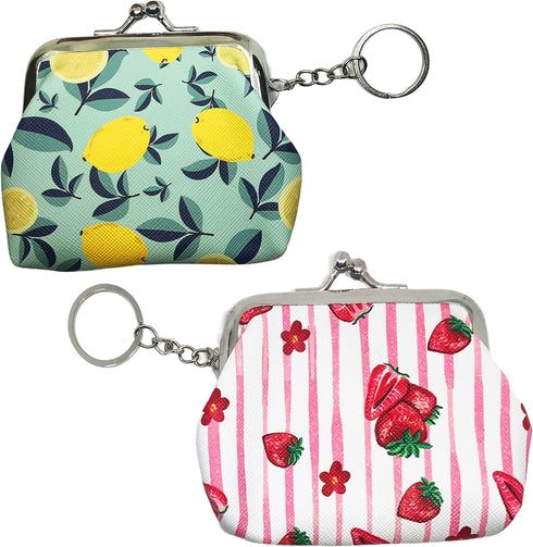 Small Buckle Coin Purse Vintage Pouch Kiss-lock Clasp Change Purse Keychain Wallet (2 Pack - Summer Lemon & Pink Strawberry)...