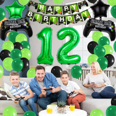12th Video Game Birthday Party Set Include Happy Birthday Banner Video Game Balloons Controller Balloons Green Black Stars Aluminum Foil Balloons ...