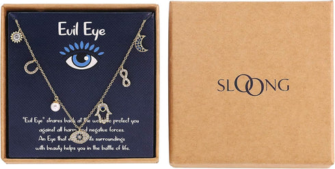 SLOONG Evil Eye Necklace Hamsa Hand Necklace 14K Gold Plated Dainty Necklace White Blue Cz Pendant Necklace for Women...