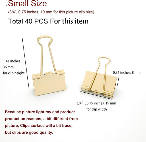 Binder Clips Small Metal Clamp - 3/4 in (0.75 inch) (Gold, 40 - Count)...