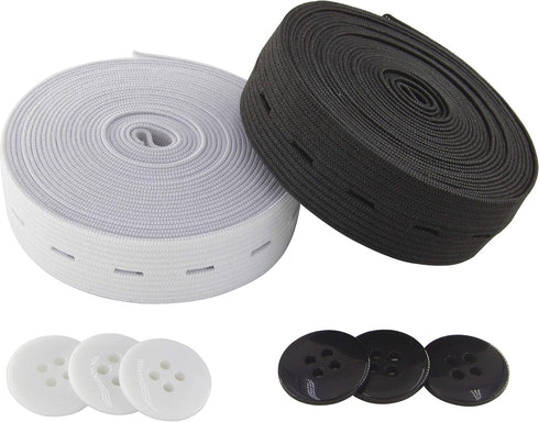 Flat Sewing Band Spool with Buttonholes, Elastic Stretchable, Ideal for DIY Waistbands and Necklines (Black & White, 3/4" × 3 Yds Each)...