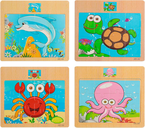 Wooden Jigsaw Puzzles Set for Kids 2-5 Years 12 Piece Colorful Wooden Educational Sea Animals Puzzles (4 Puzzles)...