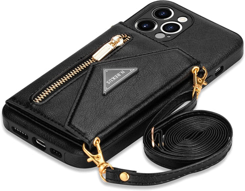 SZHAIYU Wallet Crossbody for iPhone 13 Pro Max Phone Case with Lanyard Strap Credit Card Holder 6.7'', PU Leather Protective Handbag Zipper Purse ...
