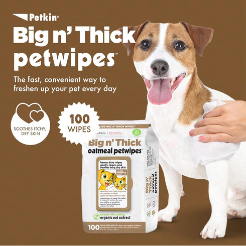 Petkin Pet Wipes for Dogs and Cats, Oatmeal, 100 Wipes (Large) for Dogs and Cats - Soothes Itchy Dry Skin and Cleans Ears, Face, Butt, Body and Ey...