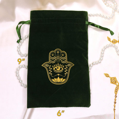 ARTSY CRAFTS 6x9" Hamsa Hand Velvet Jewelry Pouch Gift Bags, Fatima Hand Evil Eye Velvet Drawstring Oracle Tarot Card Rune bags Dice Bag (Moss Gre...