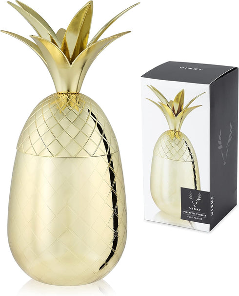 Viski Gold Pineapple Tumbler with Lid for Mai Tais, Tiki Drinks, and Craft Cocktails, Tumbler Cup, Stainless Steel with Gold Plating, 16 Oz Set of...