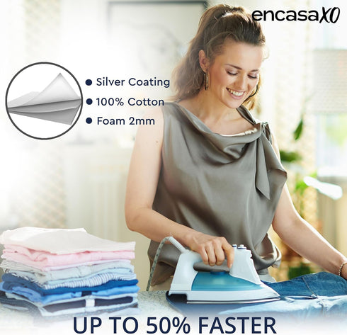 Encasa Homes Replacement Ironing Board Cover & Foam Pad, Heat Reflective 'Metallic Silver Silicone', Drawstring Tightening (Fits Standard Large Bo...