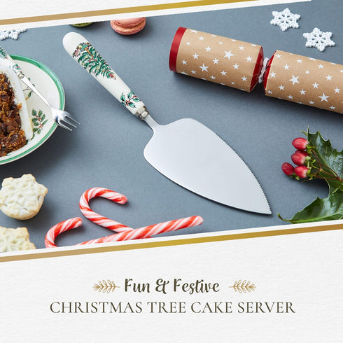 Portmeirion Christmas Tree Cake Server, 10-Inch Stainless Steel Cake Knife with Fine Porcelain Handle, Holiday Dessert Flatware, Festive Christmas...