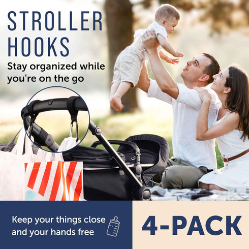 Maplefield Baby Stroller Hooks with Large Carabiner Clip - 4 Pack - Great for Organizing Diaper Bags, Purses, and Shopping Bags - Easy-to-Attach D...