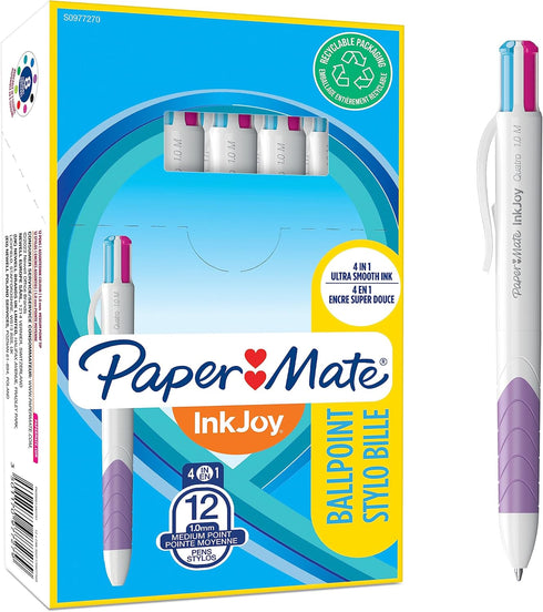 Paper Mate InkJoy Quatro 4-Colour Ballpoint Pen | Assorted Fun Colours | Medium Point (1.0mm) | 12 Count...