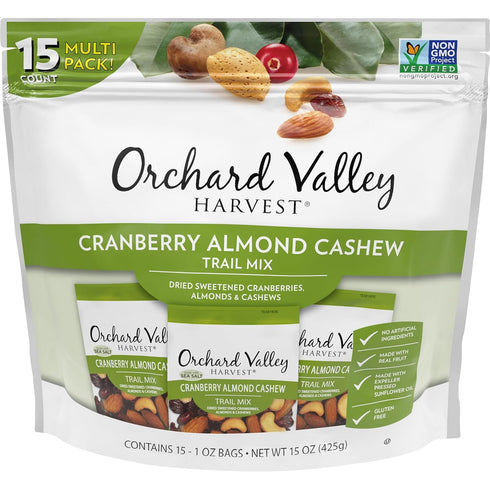 Orchard Valley Harvest Cranberry Almond Cashew Trail Mix, 1 Ounce Bags (Pack of 15), Cranberries, Almonds, and Cashews, Non-GMO, No Artificial Ing...