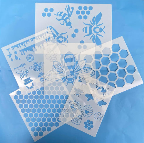 6PCS Reusable Bee Stencils Bee Honeycomb Stencil for Painting on Wood Signs Furniture DIY Crafts Wall Canvas Fabric Plastic Drawing Template for P...