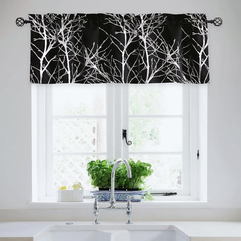 FMFUNCTEX 100% Blackout Valance for Kitchen Bathroom, Silver on Black Kitchen Window Valances 18 Inch Tree Branch Print Valance Curtains for Livin...
