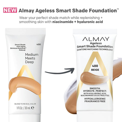 Almay Anti-Aging Foundation, Smart Shade Face Makeup with Hyaluronic Acid, Niacinamide, Vitamin C & E, Hypoallergenic-Fragrance Free, 300 Medium, ...