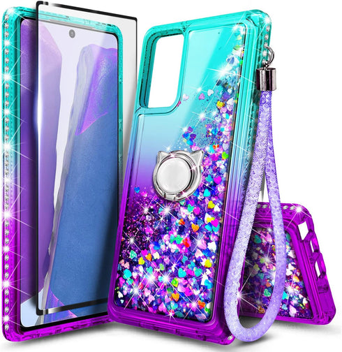 NZND Case for Samsung Galaxy A13 4G/5G with Tempered Glass Screen Protector (Maximum Coverage), Ring Holder/Wrist Strap, Glitter Liquid Floating W...