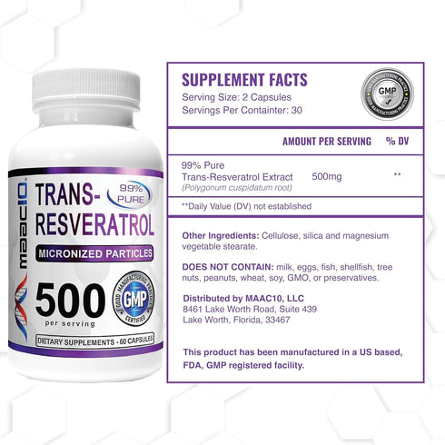 MAAC10 Trans Resveratrol 500mg Supplement (Micronized Pharmaceutical Grade 99% Pure Trans-Resveratrol Extract + BioPerine for Superior Absorption)...