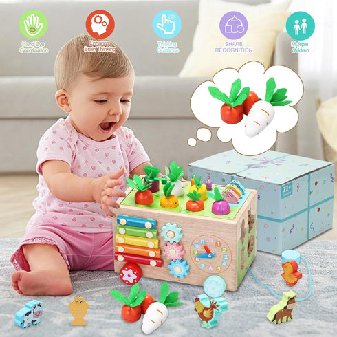 Toddlers Montessori Wooden Educational Toys for 1+, 2, 3, 4, 5 Years Old, 10 in 1 Carrot Pulling Baby Toy for Boys,Girls,Kids with Animal Shape So...