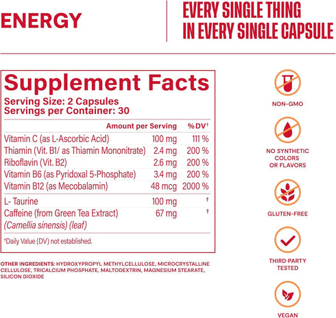 HABIT Energy Supplement (60 Capsules) - New Look, Supports Energy, Alertness and Focus, Natural Caffeine, Vitamins B & C, Green Tea extract, Vegan...