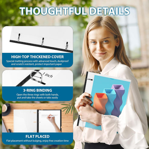 WOT I Telescoping 3 Ring Binder 1 Inch 1PC - White, Flexible Binder with Expandable Spine+Customized Front Cover+Clear Catalog Pocket, Holds 225 S...