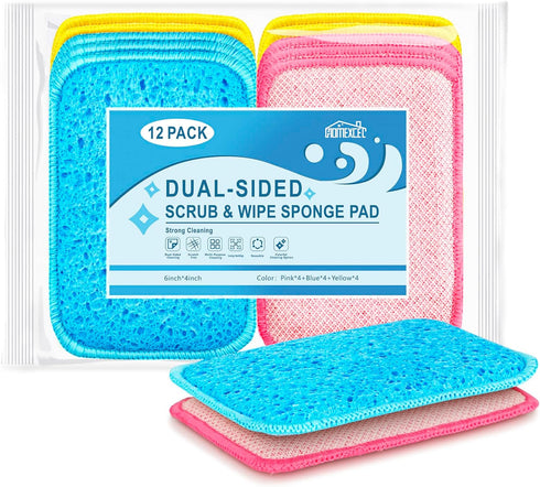 12 Pack Scrub & Wipe Cloths, Dual-Sided Sponges for Kitchen, All-Purpose Cloth for Dishes, Pots, Pans, Non-Stick Cookware, Countertops (Red, Yello...