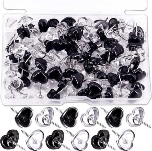 100 PCS Heart Clear Push Pins for Cork Board, Transparent and Black Cute Heart Shaped Thumb Tacks Plastic Decorative Push Pins for Posters, Wall, ...