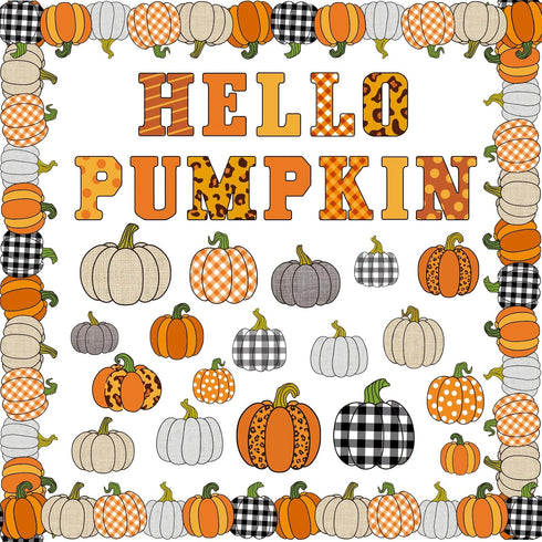 Whaline 92Pcs Hello Pumpkin Bulletin Board Kit Plaid Leopard Fall Pumpkin Decoration Border Cutout with Glue Points for Fall Harvest Thanksgiving ...