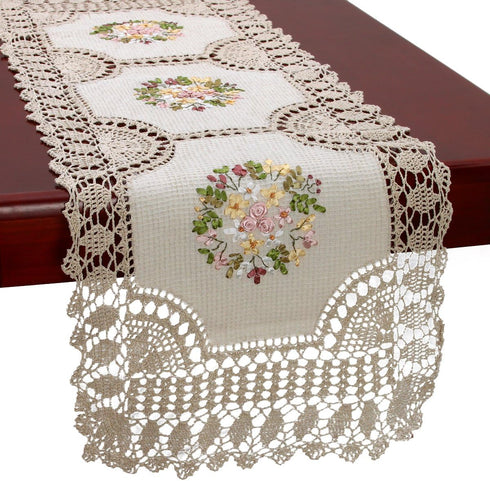 Grelucgo Handmade Crochet Cotton Lace Table Runner Dresser Scarf, Ribbon Embroidery, Rectangle 16 x 56 Inches...