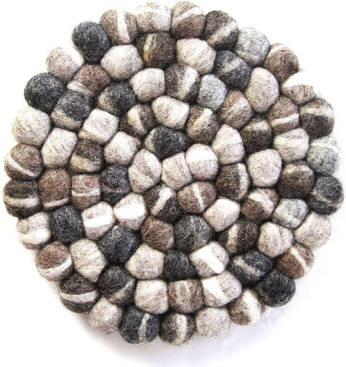 Hand Crafted Felt Ball Wool Trivet Mat from Nepal, 8" Round Pad, Tie Dye Grey...