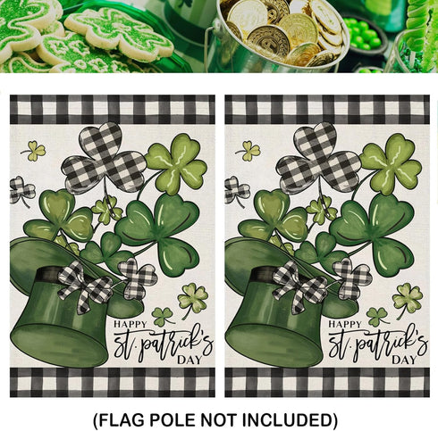Happy St Patricks Day Garden Flags for Outside Decoration, Buffalo Plaid with lucky Shamrock Hat Small Yard Flag, Seasonal Irish Celebration Farmh...