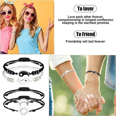 Hicarer 4 Sets Matching Yin Yang Friend Couple Bracelets Pinky Promise Bracelets Sun and Moon Bead Heart Bracelet for BFF Friendship Relationship ...