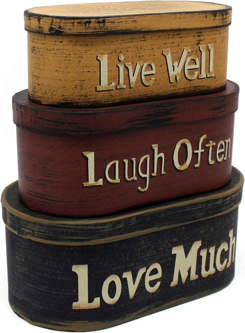 CVHOMEDECO. Primitives Vintage Oval “Live Well, Laugh Often, Love Much” Cardboard Nesting Boxes, Large 9-3/4 x 5-1/2 x 4 Inch, Set of 3....