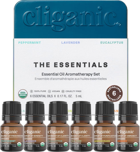 Cliganic Organic Aromatherapy Essential Oils Set (Top 6 - The Essentials), 100% Pure Natural - Peppermint, Lavender, Eucalyptus, Tea Tree, Lemongr...