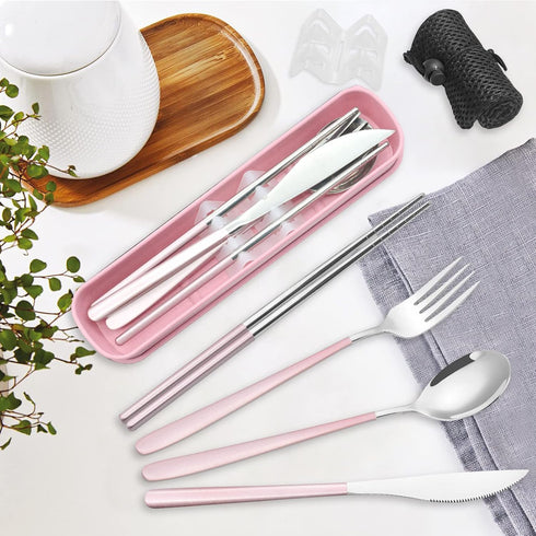 Portable Travel Utensils Set with Case, Pink Reusable Silverware Set, TWUTGAYW 18/8 Stainless Steel Knife Forks Spoons Chopsticks Reusable Travel ...
