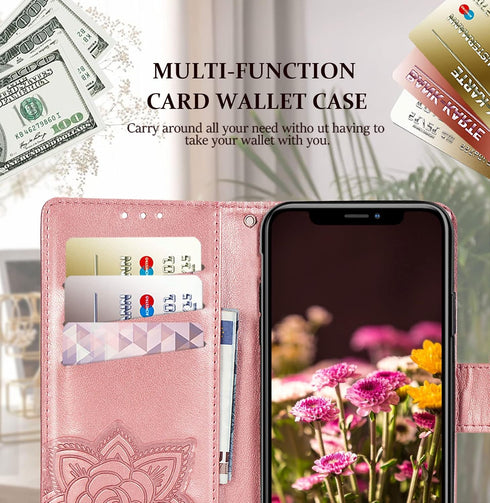 for iPhone 12 Pro/iPhone 12 Wallet Case,Women Flip Folio Cover with Butterfly Embossed PU Leather Kickstand Credit Card Holder Slots Wrist Strap f...