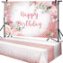 Breling 2 Pcs Pink Happy Birthday Backdrop Banner and Tablecloth for Women Rose Gold Birthday Party Decorations Plastic Floral Table Cover Backdro...