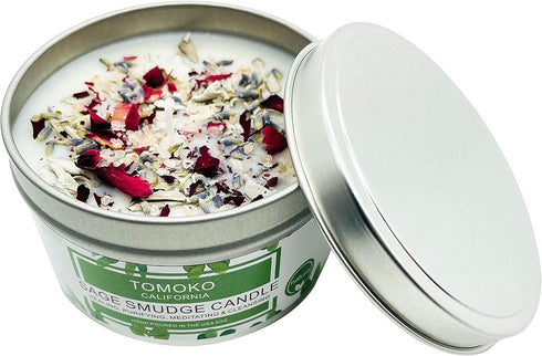 TOMOKO White Sage Candle, Sage Leaf, Rose, Lavender, Himalayan Salt & Essential Oil...
