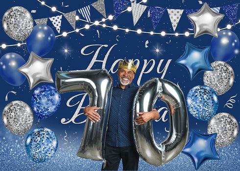 Navy Blue Happy Birthday Backdrop Silver Glitter Balloons Star Flag Sequins Background Adult Men Women Birthday Party Decoration Cake Table Photo ...