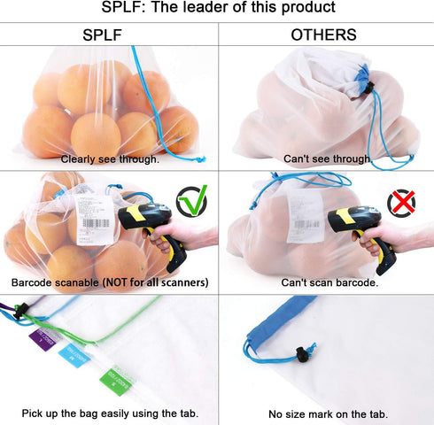 SPLF 12 Pcs Heavy Duty Reusable Mesh Produce Bags, Barcode Scanable See Through Food Safe Mesh Bags with Drawstring for Fruits, Vegetable, Food, T...