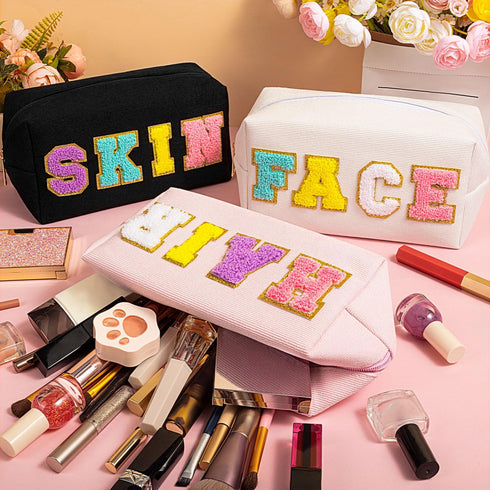 ZAUGONTW 3 Pcs Preppy Makeup Bags, Chenille Letter Bag Patch Makeup Bag, Face Skin Hair Cosmetic Bag with Zipper Patches Makeup Organizer Bag Set ...