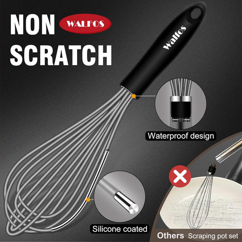 Walfos Whisk, Silicone Whisks Set of 5, Mini Stainless Steel Whisk 7in+5in and Non Scratch Coated 7+9+11in Whisks, Suitable for Blending, Whisking...