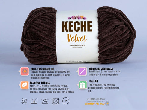 Keche Velvet Yarn for Crocheting, Soft Chenille Bulky Baby Blanket Amigurumi Yarn 100 gr (132 yds) - Brown......