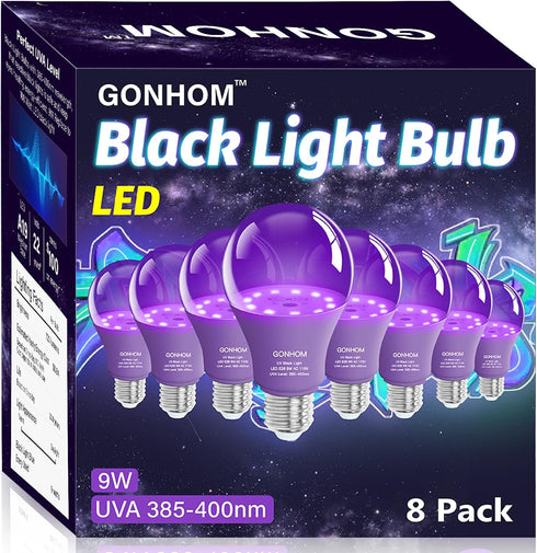 8 Pack A19 LED Black Light Bulbs,Dimmable 9W BlackLight Bulb(100W Equivalent), E26 Base 110V, UVA Level 385-400nm, Glow in The Dark for Black ligh...