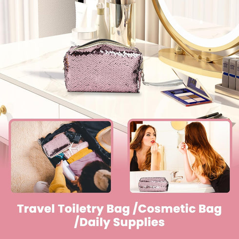 Magic Sequin Travel Cosmetic Bags Reversible Glitter Makeup Organizer Bag Purse for Women(Pink)...