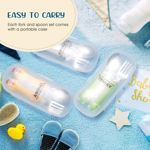 6 Pieces Toddler Utensils Baby Spoon Fork Set Toddler Flatware Set with Travel Case Baby Feeding Training Spoons Forks with Cute Cartoon Handle St...