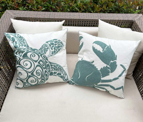 Embroidered Nautical Decor Pillow Cover,Square 18 Inches Decorative Canvas Pillow Cover for Nautical Style Deco by (Seagreen-Crab-New)...