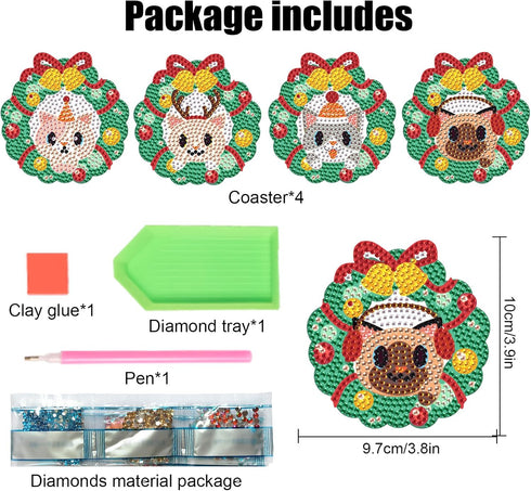4 PCS Christmas Wreath Cat Diamond Art Coasters Kit, DIY Diamond Art Painting Coasters for Adults, 5D Xmas Diamond dot Kits Coasters Craft Supplie...