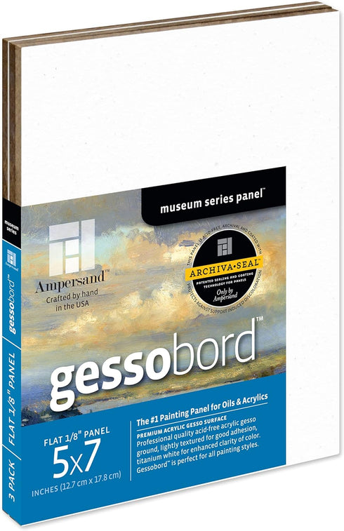 Ampersand Art Supply Gesso Wood Painting Panel: Museum Series Gessobord, 5" x 7", 1/8" Flat Profile, Pack of 3...