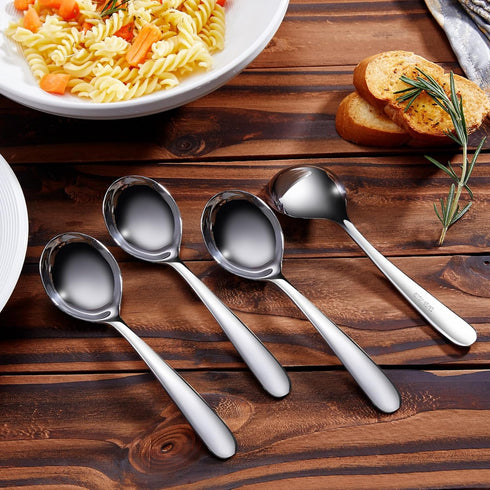 KEAWELL Premium 7.3 Inches Soup Spoons with Hook Handle, Set of 4, 18/10 Stainless Steel, Deep Bowl, Perfect for Ramen, Pho, Miso, Dumplings, Nood...