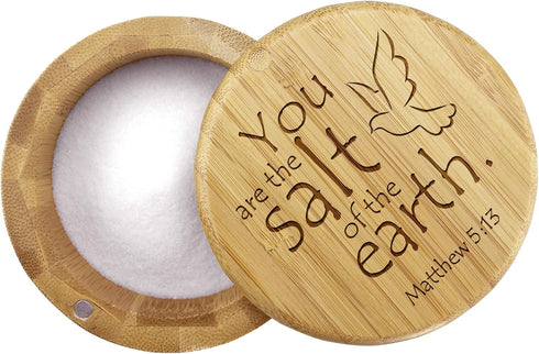 Totally Bamboo Salt Cellar Bamboo Storage Box with Magnetic Swivel Lid, 6 Ounce Capacity, You are the Salt of the Earth Matthew 5:13 Engraved on L...