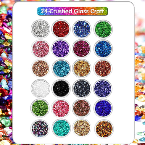 24 Box Crushed Glass Craft Glitter Fine for Resin Art, Small Broken Glass Pieces Irregular Metallic Crystal Chips Chunky Flakes Sequins for Nail A...